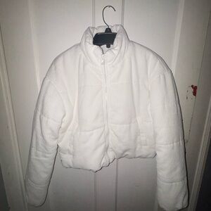 White Zip Up Corduroy Pufer Jacket